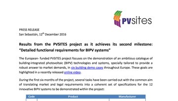 Press release - Milestone #1 achieved: “Detailed functional requirements for BIPV systems”